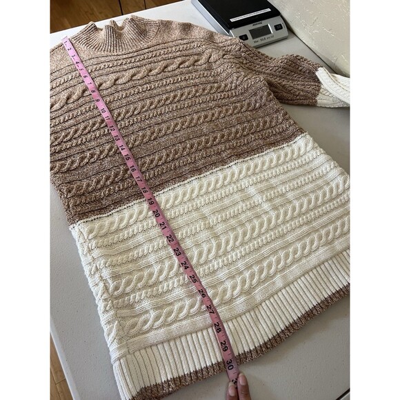 Talbots Sweater Womens Large Brown Cream Cable Knit Mock Neck ColorBlock - Picture 5 of 9